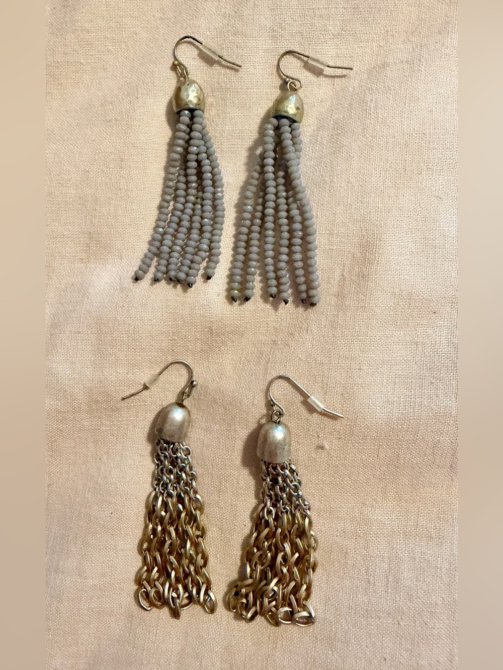 Gray Beaded Tassel Earrings and multi-metal tassel earrings
